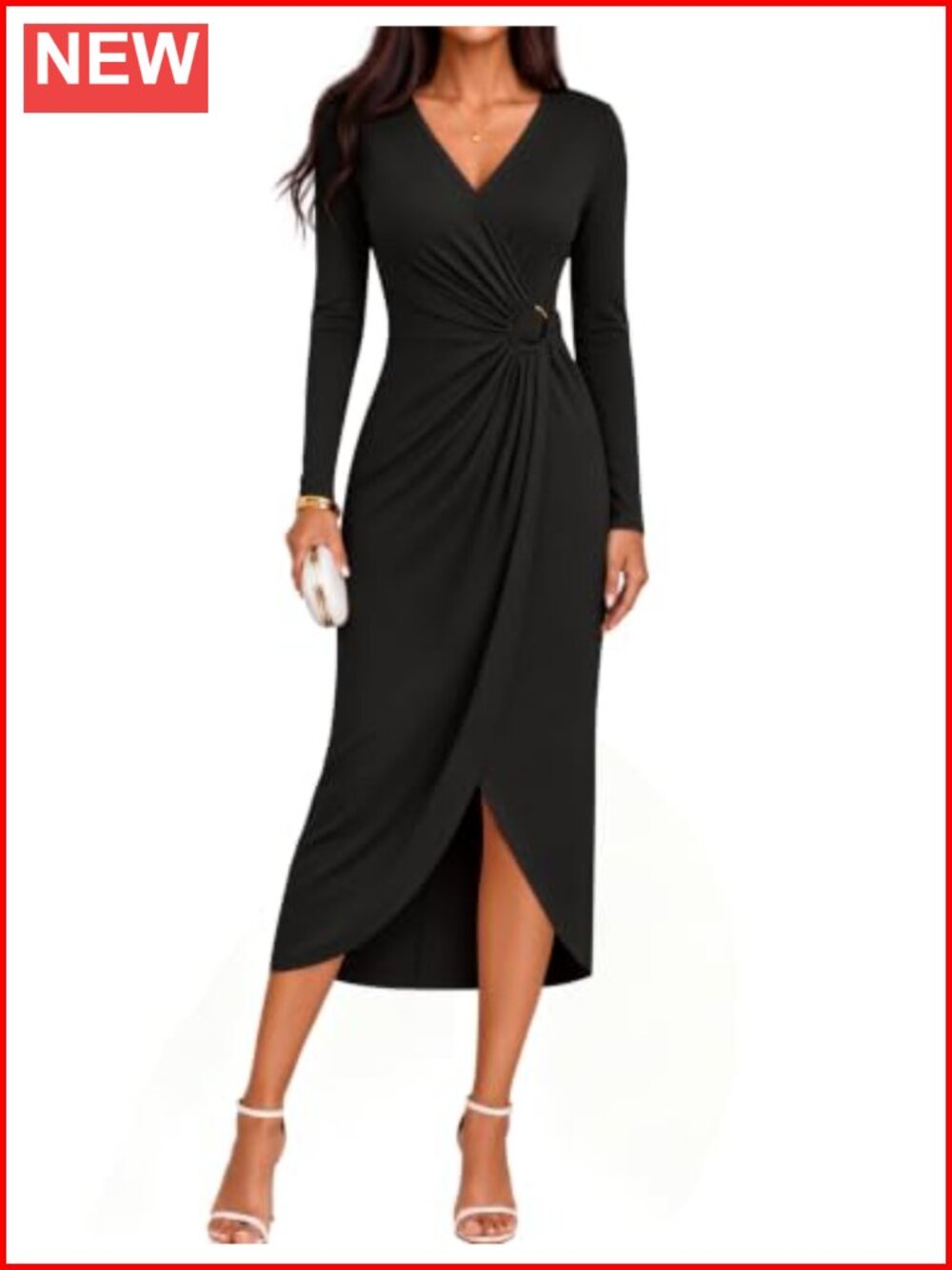 Long Sleeve Wrap Bodycon Midi Dress Deep V-Neck Ruched Knit Cocktail Party Dress